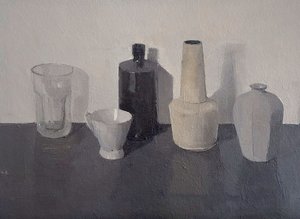 Naturaleza muerta con cinco objetos, 2024 (óleo sobre papel)