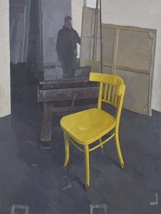 Interior de estudio con silla amarilla, 2023 (óleo sobre lienzo)