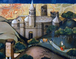 Paisaje con la Iglesia Episcopal, detalle de la Huida a Egipto, retablo de Verdú de Jaume Ferrer