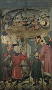 Exorcismo de un poseso bajo la tumba de San Vicente de Zaragoza (m.304) del Retablo de San Vicente de Zaragoza de Jaume Huguet