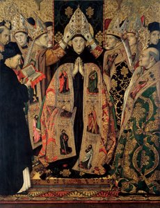 Retable de Saint Augustin - The Consecration of Saint Augustine - Peinture de Huguet, Jaume (1412-1492) - 1462-1465 - Tempera on panel - 250x193 - Museu Nacional d