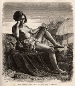 Mujer nativa de Taio-Hae (o Taio Hae), en el archipiélago de las Marquesas, mostrando despreocupadamente sus piernas tatuadas, grabado después de un dibujo de A.Rixens ilustrando los recuerdos del Pacífico, en 1872-1874, por A.Pailhes, un signo de barco, p