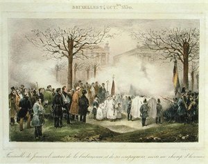 El funeral de Louis-Alexandre Dechet (Jenneval) (1801-30) y sus compañeros que murieron en el campo de honor, 24 de octubre de 1830, grabado por Dewasme-Pletinckx
