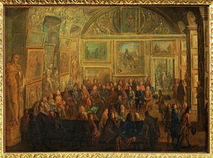 Vista del Salón de Diane en el Louvre;una sesión de la Academia de Pintura ... de Jean Baptiste (after) Martin