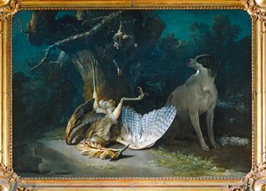 Butor et perdrix gardes par un chien blanc - Avetoro y perdiz gardados por un perro blanco ...