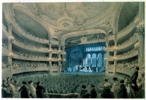 Vista del vestíbulo del teatro de la Ópera Garnier (Academia de Música). Litografía de Jean Baptiste Arnout (1788-1870). Siglo XIX. París, B.N. de Jean Baptiste Arnout