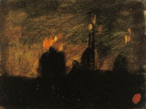 Escena nocturna con incendios en St-Vast-là-haut cerca de Valenciennes
