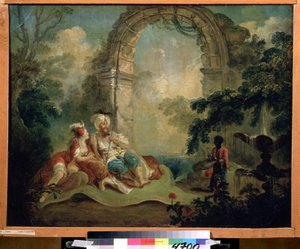 Orientalismo: "El pachá turco y la odalisca tumbados en una alfombra, servidos por un criado negro" (El pachá turco y la odalisca) Pintura de Jean Baptiste Hilaire (1753- 1822) Museo Pushkin, Moscú de Jean Baptiste Hilaire
