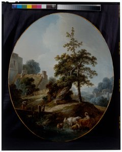 Paisaje con un niño y una pastora con vacas y ovejas de Jean Baptiste Huet