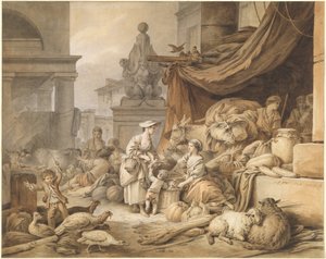 Escena de mercado con una escultura fantástica