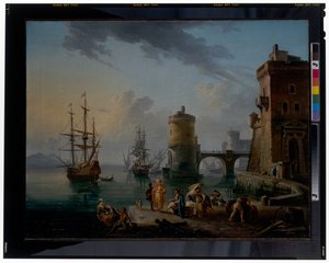 Escena portuaria: Mercaderes turcos en el desembarcadero frente a los barcos de Jean Baptiste Lallemand