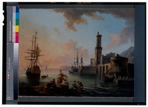 Pescadores y cortesanas en un puerto mediterráneo al atardecer de Jean Baptiste Lallemand