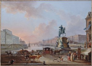 La Monnaie, el Pont Royal y el Louvre, vistos desde el Pont-Neuf terre-plein, hacia 1775, hacia 1775 (óleo) de Jean Baptiste Lallemand