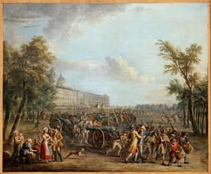 Saqueo de armas en los Inválidos, el pueblo de París, tras tomar posesión de la Garde Meuble el 13 de julio, invadió los Inválidos el 14 de julio de 1789, y se llevó 4 cañones y 34 000 armas, Pintura de Jean Baptiste Lallemand (1716-1803). Fotografía, KIM  de Jean Baptiste Lallemand