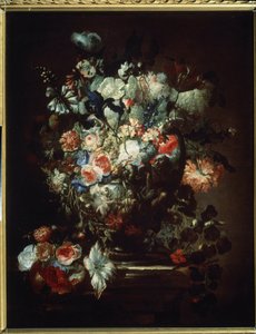 ""Flores"" (Flores). Naturaleza muerta. Pintura de Jean Baptiste (Jean-Baptiste) Monnoyer (1636-1699). Óleo sobre tela. Arte francés, estilo barroco. Museo Pushkin de Bellas Artes, Moscú