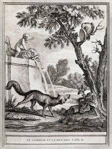 El cuervo y el zorro, ilustración de Jean-Baptiste Oudry para la fábula de Jean de La Fontaine