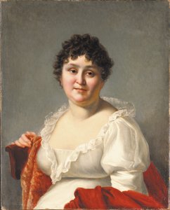 Retrato de Madame Regnault, busto, con un vestido blanco y un chal de caqui de Jean Baptiste Regnault