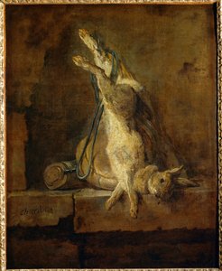Lapin de Garenne mort avec une gibeciere et une poire a poudre - liebre muerta con bolsa de caza y frasco de pólvora ...