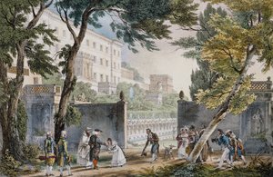 Escena galante a la entrada de una villa en Roma, hacia 1820, grabado de Jean-Baptiste Thomas (1791.1833) de Jean Baptiste Thomas