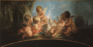 Grupo de cinco amantes jugando con dos ovejas de Jean Francois Clermont