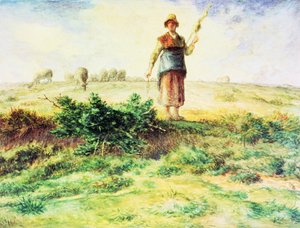 Una pastora y su rebaño (acuarela, lápiz y tinta sobre papel) de Jean-Francois Millet