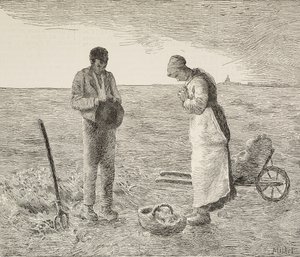 Angelus, pareja de campesinos en el campo, grabado de un cuadro de Jean-Francois Millet (1814-1875), pintor francés, de L