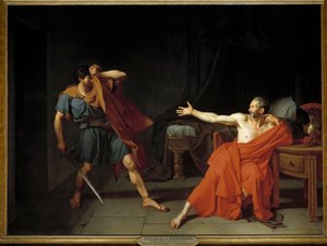 Marius prisionero en Minturnes. El general romano Cayo Mario (derecha), en guerra con Sila, es hecho prisionero tras su fuga en el 89 a.C. Rechaza a un soldado de la corona que vino a ejecutarlo en su celda. Ilustración para 