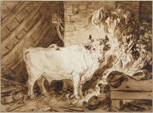 Toro blanco y un perro en un establo de Jean Honore Fragonard