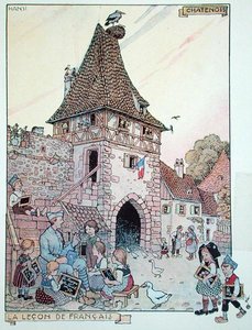 Un soldado francés enseñando francés a los niños alsacianos que han vuelto a ser ciudadanos franceses, ilustración de "Histoire de l