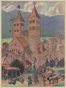 Construcción de la abadía de Murbach, cerca de Guebwiller, Alsacia (litografía en color)