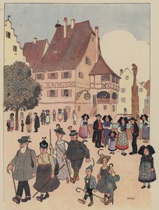 Turistas alemanes en un pueblo de Alsacia (litografía en color) de Jean Jacques Waltz