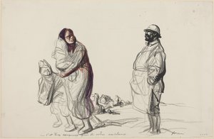 a) Es demasiado peligroso cerca de su ambulancia (recto); b) Estudio de madre e hijos (verso)
