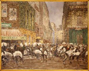 La salida de los periódicos vespertinos, rue du Croissant en 1914, Pintura de Jean Louis (Jean-Louis) Lefort (1875-1954), que muestra las actividades de la prensa tradicionalmente establecida en gran parte del distrito 2 de la ciudad de París, En el café d de Jean Louis Lefort