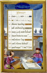 Febrero: Escena de comida (Piscis) - facsímil de las Horas de Ana de Bretaña, por Jean Bourdichon