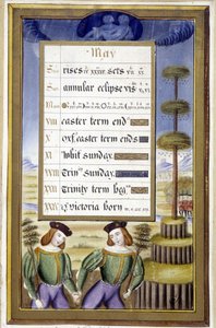 Mayo: Árbol de Mayo (Géminis) - facsímil de las Horas de Ana de Bretaña, por Jean Bourdichon de Jean (after) Bourdichon
