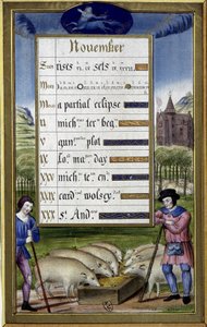 Noviembre y signo de sagitario: cría de cerdos - facsímil de las Horas de Ana de Bretaña, por Jean Bourdichon de Jean (after) Bourdichon
