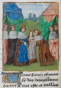 El rey Ricardo II de Inglaterra recibió a su novia, Isabella, de su padre, Rey Carlos VI de Francia, ilustración de 