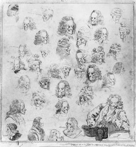 Diferentes melodías en 30 cabezas de Voltaire. Retratos de François Marie Arouet, conocido como Voltaire (1694-1778) "diferentes fisonomías de Voltaire". Agua fuerte atribuida a Dominique Vivant-Denon (Vivant Denon) (1747-1825) después de Jean Huber (1721- de Jean (after) Huber