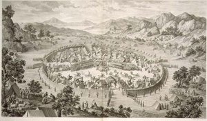 Tchao-Hoei Ocupa a sus Tropas con Ejercicios y Juegos Militares en 1758, lámina 5 de una serie de grabados que representan las conquistas de Qianlong, el Emperador de China, grabado por Pierre Philippe Choffard 1772 de Jean (d.1781) (after) Damascene