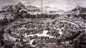 Tchao-Hoei en su campamento bajo las murallas de Yerechim recibe el homenaje de los habitantes de la ciudad y provincia en julio de 1759, placa 4 de la serie de grabados que representan las conquistas de Qianlong, el Emperador de China, grabado por Pierre  de Jean (d.1781) (after) Damascene