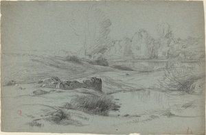 Un prado rocoso junto a un río de Jean Achille Benouville