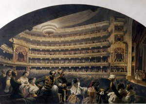 Le public dans une loge du theatre Bolchoi (Moscou, Russie). (El público en un palco del teatro Bolchoi). Oeuvre de Jean Alexandre Duruy (19e siecle), lithographie, debut 19e siecle, art francais, classicisme. Museo Estatal de Arte Teatral y Musical, Saint