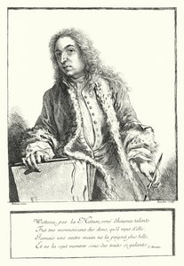 Autorretrato del artista francés Antoine Watteau (grabado)