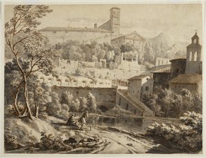Un artista dibujando a lo largo de una ribera, debajo de una ciudad italiana, c.1780 de Jean Antoine Constantin