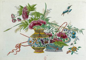 Flores en un jarrón. Dibujo de un jarrón chino de Jean Antoine Fraisse