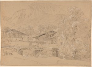 An Alpine Village in Summertime (tiza negra y grafito realzado con tiza blanca sobre papel canela) de Jean Antoine Linck