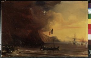 ""La repatriación del cuerpo de Napoleón I a Francia desde la isla de Sainte-Helena (Sainte Helene) en diciembre de 1840 a bordo de La Belle Poule"" (Transporte con el cuerpo de Napoleón en el camino desde la isla de Santa Elena de regreso a Francia en 184 de Jean Antoine Theodore Gudin