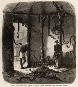 Dentro del templo de serpientes fetiches, en Wydah, en Dahomey (actual Benín), dibujo de Jean Antoine Foulquier (1822-1896), para ilustrar el viaje del Dr. Repin a Dahomey en 1860. Grabado en “Le tour du monde”, editado por Edouard Charton