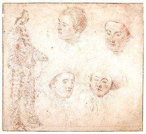 Un personaje y cuatro cabezas de Jean Antoine Watteau