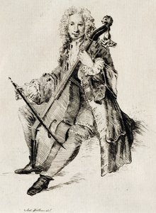 Violonchelista, por Jean Antoine Watteau, grabado, Francia